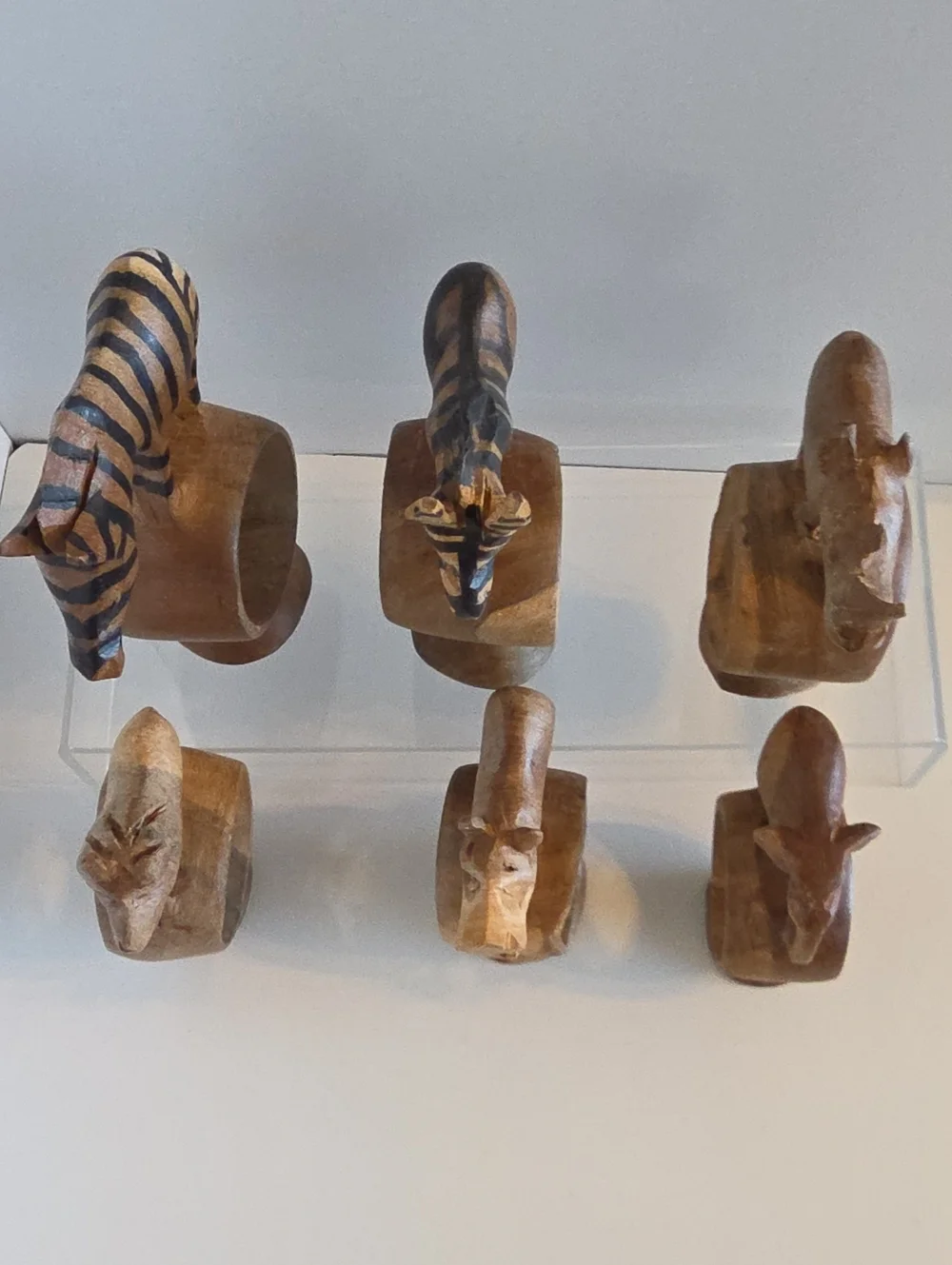 Hand Carved Wood Wild African Safari Animal Napkin Rings 6Pc Set